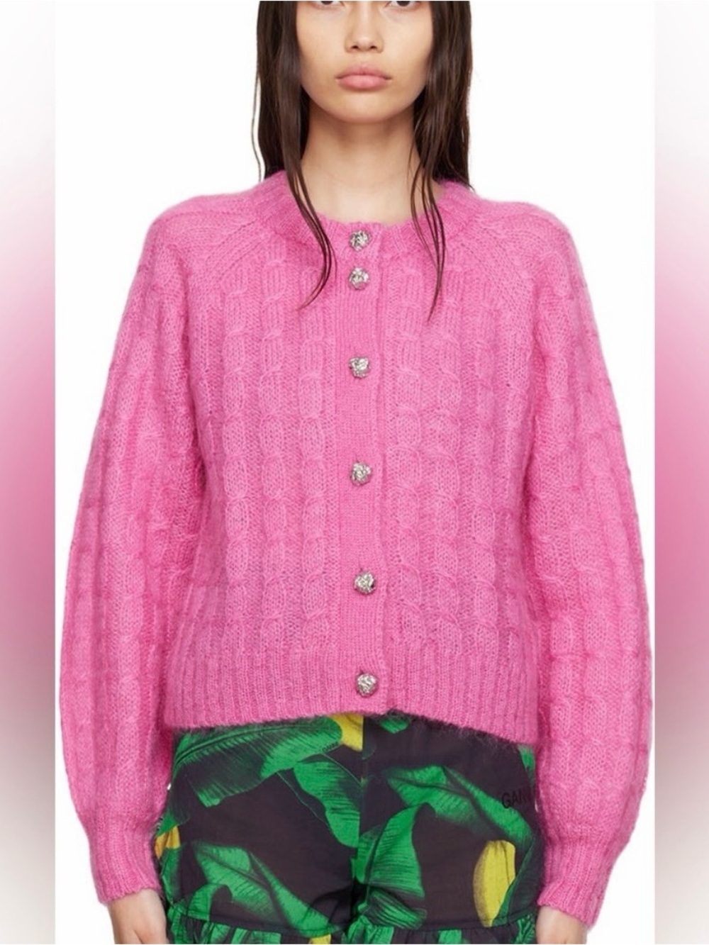 Ganni Pink Cable-Knit Mohair Cardigan